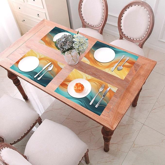 Orange Teal Marble Placemats Set of 4 Kitchen Table Mats for Dining | Washable Non-Slip Heat-Resistant Linen Place Mats Outdoor Holiday Party Home Decor 12"x18"