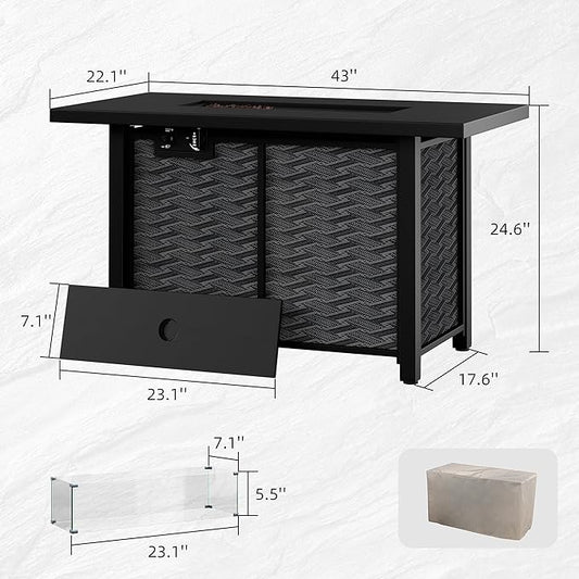 43" Propane Fire Pit Table with Glass Wind Guard & Lid, 50,000 BTU Outdoor Gas Fireplace, Weather-Resistant, Smokeless 2-in-1 Rectangular Coffee Table for Patio Garden