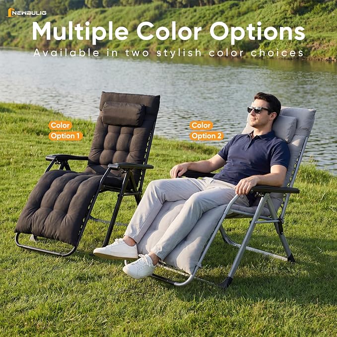 NEWBULIG Set of 2 Zero Gravity Chair, Folding Patio Recliner with Removable Cushion & Cup Holder Trays, Portable Lounge Chair for Beach & Camping, Classic Gray