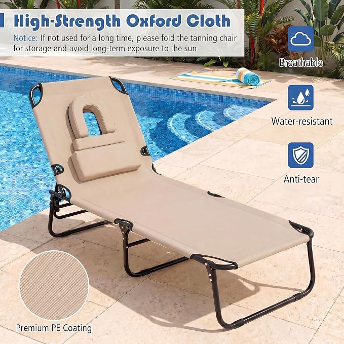 Goplus Tanning Chair, Folding Beach Lounge Chair with Face Hole, Removable Pillow, Carry Strap, Position Adjustable, Sunbathing Chair, Portable Outside Lounge Chair for Patio Pool