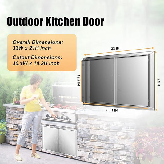 Outdoor Kitchen Doors 33W x 21H Inch, Double BBQ Access Doors 304 Stainless Steel for Outdoor Kitchen Cabinet Grill Station or BBQ Island