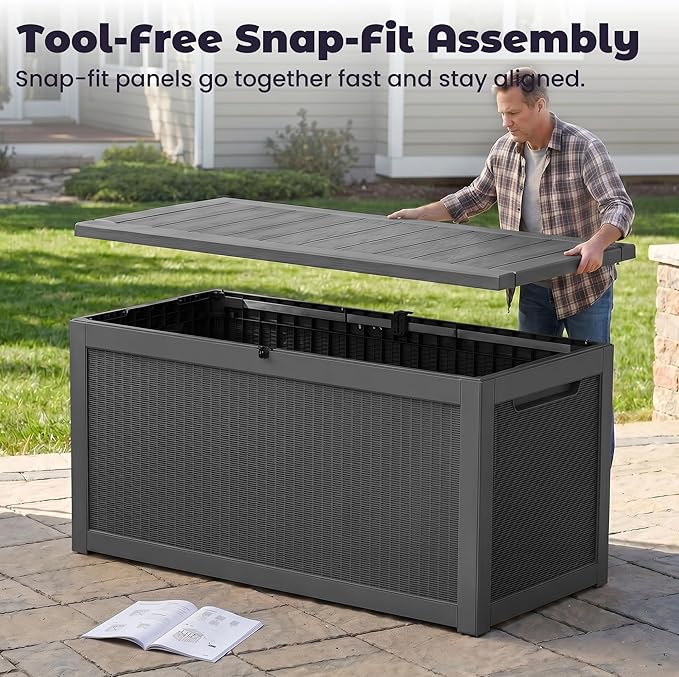PatioZen 320 Gallon Deck Box, Outdoor Storage Box, Outdoor Storage Box for Cushions, Garden Tools, Furniture Storage,Waterproof, Lockable and Resin,Black
