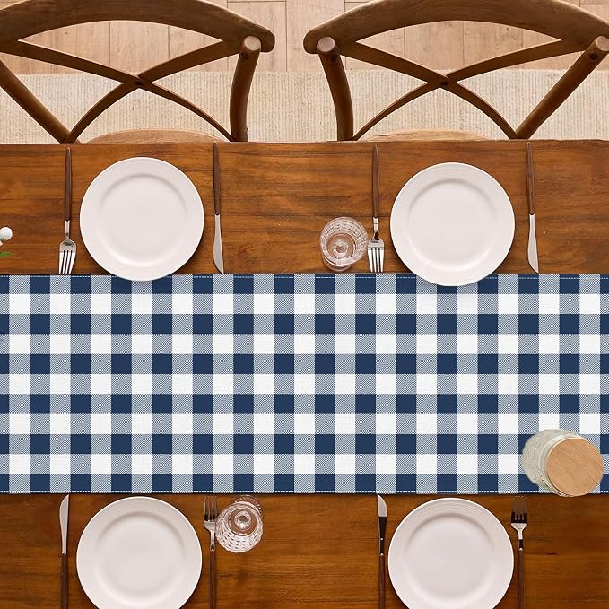 Navy Blue Gingham Table Runner Coastal Nautical Birthday Party Decoration BBQ Picnic Home Kitchen Table Decor (Navy Blue, 13" x 72")