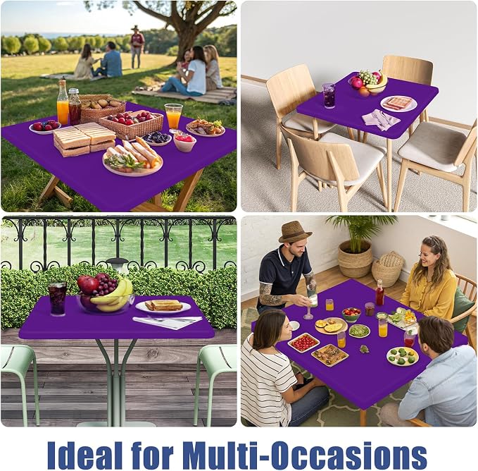 Moosfor 2 Pack Square Spandex Fitted Table Cloth, Elastic Tablecloth | Washable Picnic Table Cover, Stretch Waterproof Table cloths for Party, Patio, Dining, Kitchen, 34" x 34", Purple