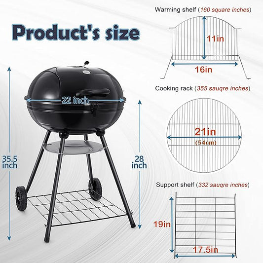 HaSteeL 22-Inch Kettle Charcoal Grill, Portable BBQ Gill with Wheels for Outdoors Barbecue, Camping, Picnic, Backyard, Tailgating, Beach, Storage Rack & 355 SQ.In Cooking Area, Black Porcelain Enamel