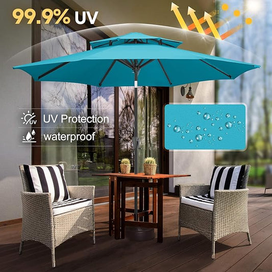 FLAME&SHADE 9ft Patio Umbrella - 2 Tiers Outdoor Umbrella with Push Button Tilt and Crank for UV Protection, Table Market Umbrella for Garden, Deck, Backyard, Pool and Beach(Aqua Blue)