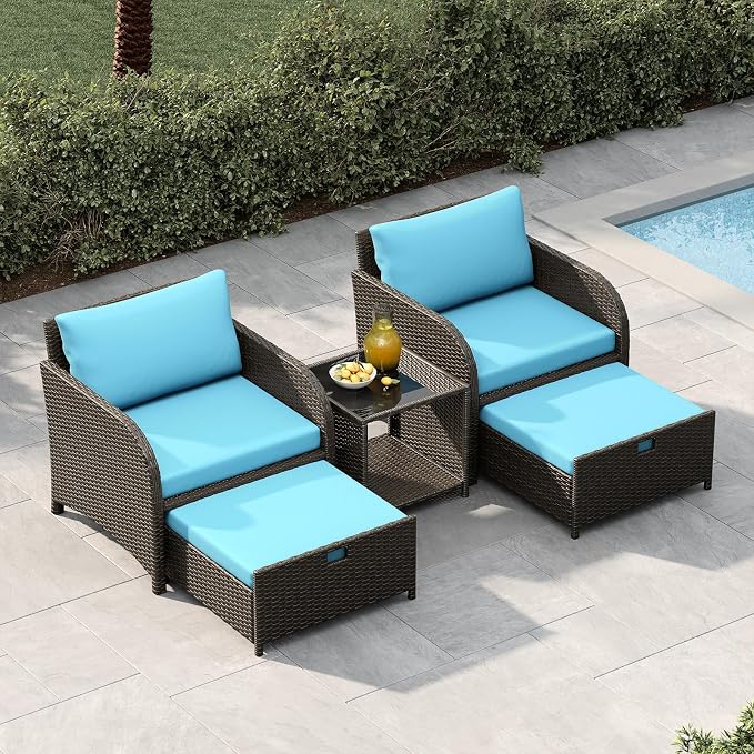 Garvee 5-Piece Outdoor Patio Conversation Set with Hidden Ottomans | PE Rattan Wicker Patio Furniture with Soft Cushions & Glass Coffee Table, Outdoor Lounge Chairs for Porch, Backyard (Blue)