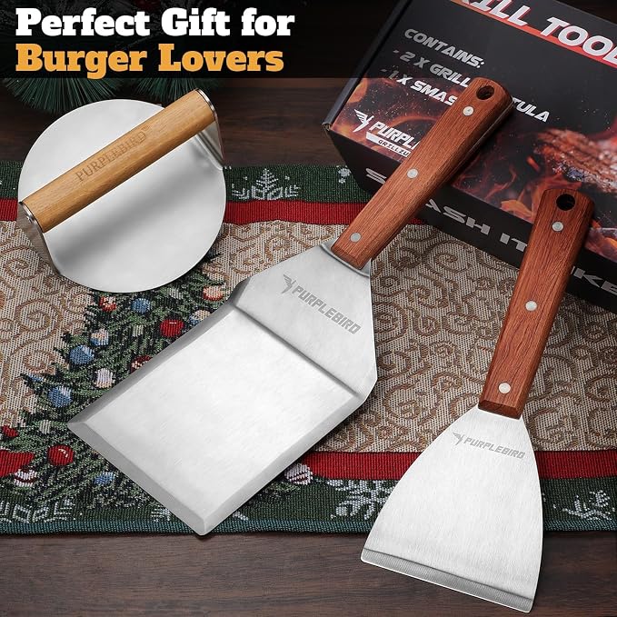 PURPLEBIRD Smash Burger Press Kit 3PCS Set, Stainless Griddle Spatulas Set | Professional Burger Smasher for Griddle, Heavy Duty Grill Press for Smash Burgers BBQ Grilling, Christmas Gifts for Men
