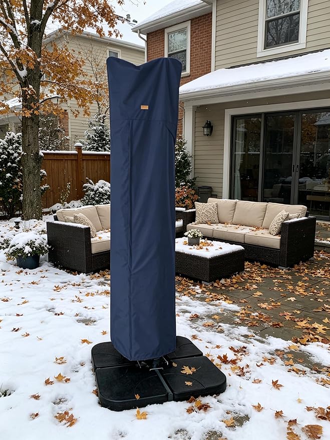 Patio Umbrella Cover for 9ft to 13ft Offset Umbrella, Water Resistant, Curved Cantilever and Straight Pole Parasol Outdoor Umbrellas Cover with Zipper and Rod Dark Blue