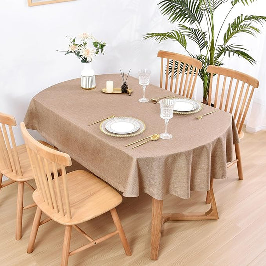 Wolkemer Faux Linen Small Oval Tablecloth Heavy Duty Wrinkle Resistant Fabric Table Cloths 52 x 70 Inch Flaxen Farmhouse Rustic Table Cover for Kitchen Dining Indoor Outdoor Tabletop Decoration
