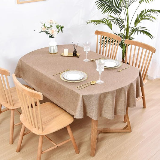 Wolkemer Faux Linen Oval Tablecloth Heavy Duty Wrinkle Resistant Fabric Table Cloths 60 x 84 Inch Flaxen Farmhouse Rustic Table Cover for Kitchen Dining Indoor Outdoor Tabletop Decoration