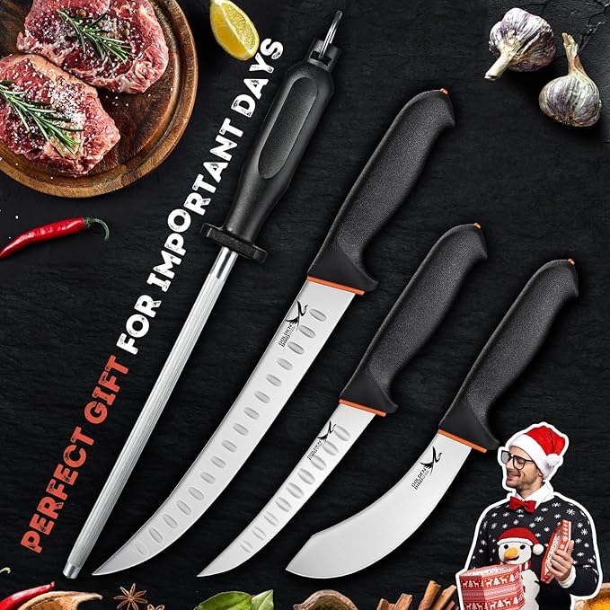 Golden Bird Butcher Knife Set - 4 Piece Professional BBQ Knife Set Include 6" Boning, 6" Skinning, 10" Butcher Breaking Knives & 8" Sharpener Rod, Gifts for Men Women