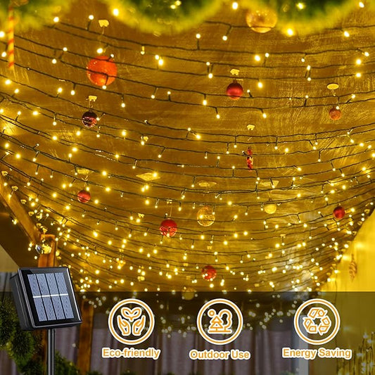 QITONG 2 Pack Warm White Solar String Lights, Each 66ft 200 LED Solar Fairy Lights Outdoor Waterproof, 8 Modes Green Wire Solar Twinkle Tree Lights for Outside