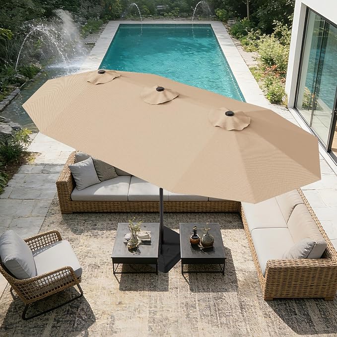AreShark 15ft Patio Umbrella with Base, Double Sided Outdoor Umbrella with 12 Fiberglass Ribs, Large Outdoor Umbrella for Garden, Pool, Deck, Backyard & Market, Beige