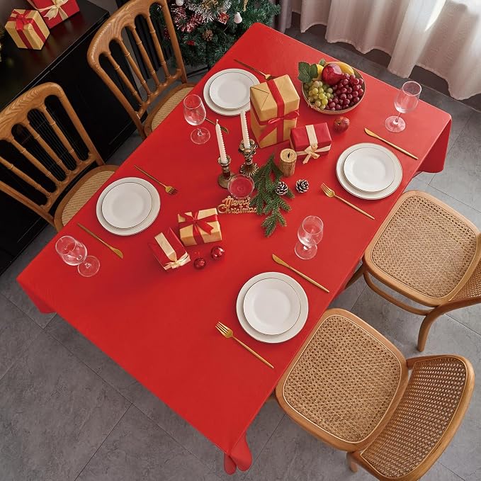 NLMUVW Red Vinyl Tablecloth with Flannel Backing 100% Waterproof Christmas Rectangle PVC Table Cloth Wipe Clean Table Cover for Dining Party Outdoor, 60 X 84 Inch