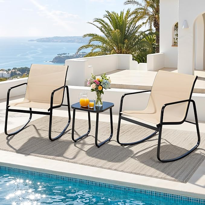 DWVO 3 Piece Rocking Patio Furniture Set Textilene Patio Set Outdoors Brown | Heavy-duty Small Patio Furniture Set w/Breathable Fabric, Smooth Rocking, Tempered Glass Table, Easy Assembly and Cleaning