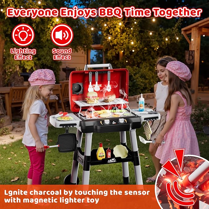 2-Tier Kids BBQ Grill Playset, Toy Grill for Kids, Outdoor Play Food | For toddlers ages 3-5, includes 35 grill accessories, play food & utensils for outdoor pretend BBQ cookout playset fun