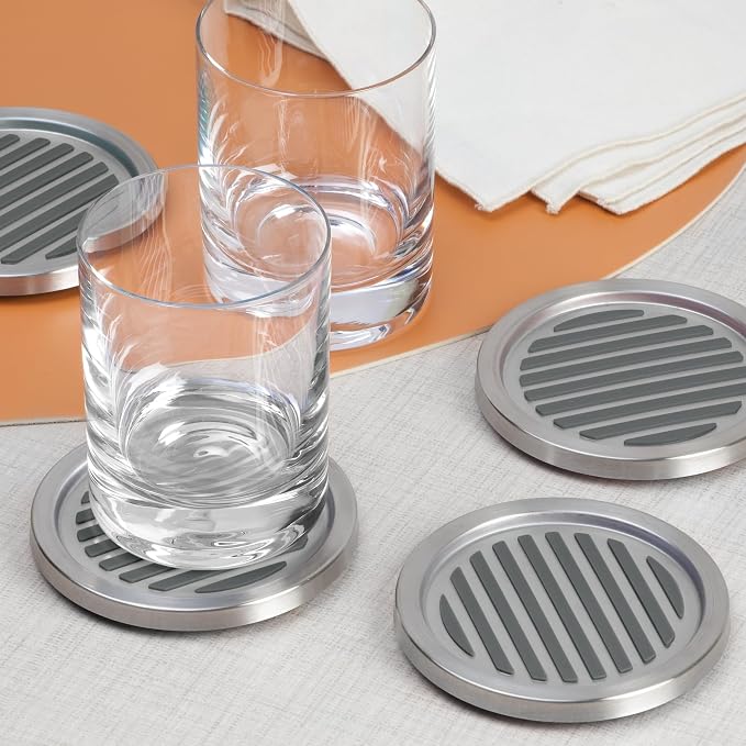 iDesign Forma Brushed Stainless Steel Drink Coasters for Home Counters, Kitchen, Dining Room, Living Room, Patio, Coffee Table, Set of 4, Black,20550 | For Home Counters