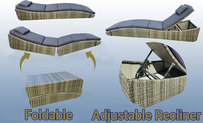 Foldable Outdoor Chaise Pool Lounge Chair Folding Wicker Rattan Sun Bed Patio Couch Reclining Lounger Adjustable Padded Backrest Pillow Assembled - Grey