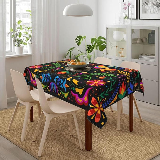 Mexican Floral Table Cloth, Waterproof Mexican Flower Tablecloth for Kitchen Dining Room, Picnic Party, Weddings, Outdoor Indoor 54x72 in Rectangle Black Table Cover