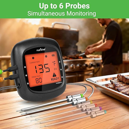 NutriChef Smart Bluetooth BBQ Thermometer with Travel Zip Case, Upgraded Stainless w/ 2 Temperature Probes, LCD Display, Done Alarm Android iPhone, Gas Charcoal BBQ Smoker Temp Monitoring
