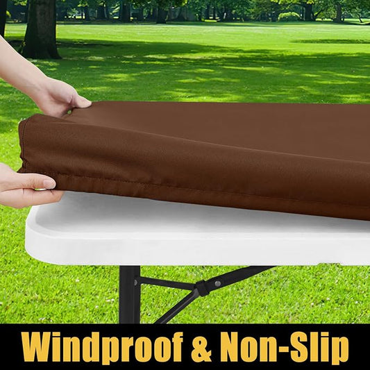 Smiry Rectangle Picnic Table Cloth, Waterproof Elastic Fitted Tablecloths for 8 Foot Tables, Washable Polyester Table Cover for Camping, Indoor and Outdoor (Tan, 30"x96")