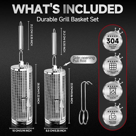 Chenovate® Heavy Duty Rolling Grill Baskets with Side-opening and Removable Handle,Grill Accessories for Veggies Shrimp Meat,Food-grade Stainless Steel,Kitchen Gadgets Fits Outdoor Cooking & Picnics,Camping Essentials,Ideal Gifts for Father's Day,Festi...