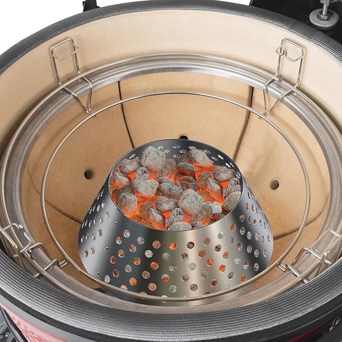 Skyflame BBQ Stainless Steel Charcoal Basket, Briquet Holder Kettle Grill Accessories Compatible with Weber Kettle 22 26.75 WSM XL Big Green Egg/Kamado - Updated Hollow Holes Design