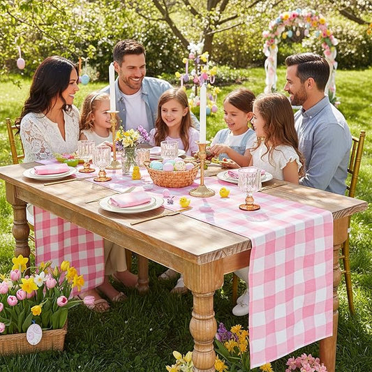 B-COOL Plaid Table Runner Pink Checkered Fabric Cover 13x108 Inch 4 Packs Table Cloths Centerpieces Valentines Party Picnic Decorative Gingham Rectangle Pink and White Easter Linen Decorations