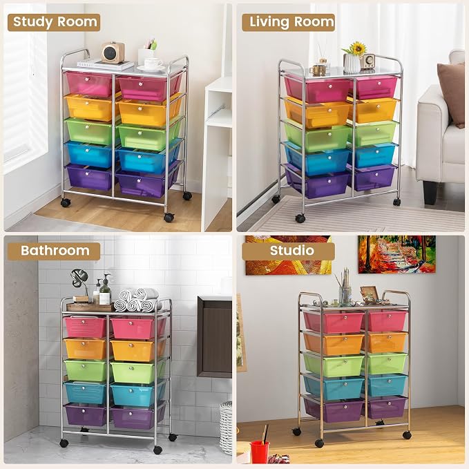 HOMGX Rolling Cart with 10 Drawers, 10 Tiers Multicolor Trolley, Drawer Bin Carts with 2 Lockable Wheels, Adjustable File & Debris Organizer Cart, Rolling Storage Cart for Office, School, Home