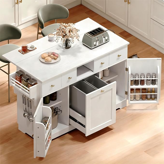 YITAHOME 59" Rolling Kitchen Island with Drop Leaf & Power Outlet, Double Pull-Out Kitchen Trash Can, Fits 10-Gal Waste Bin, Portable Islands on Wheels with Door Storage & Spice Rack, White