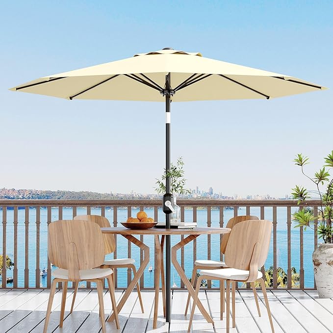 Garvee 9 ft Patio Umbrella - 8 Sturdy Ribs Outdoor Table Umbrella with Crank Lift & Push Button Tilt - Market Umbrella for Pool, Deck, Yard, Garden- Beige