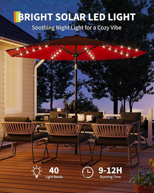 GarveeLife 10 ft Patio Umbrella with Solar Lights, 8 Ribs Outdoor Market Table Umbrella with 40 LED Lights & Tilt Crank for Pool, Deck, Backyard (Red)