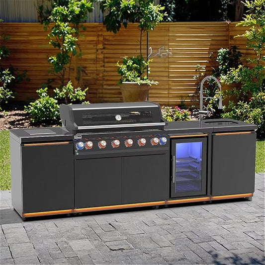 Outdoor Kitchen with BBQ Grill, Lift Door, Refrigerator & Sink | Stainless Steel Modular Outdoor Kitchen Island for Backyard Patio Cooking