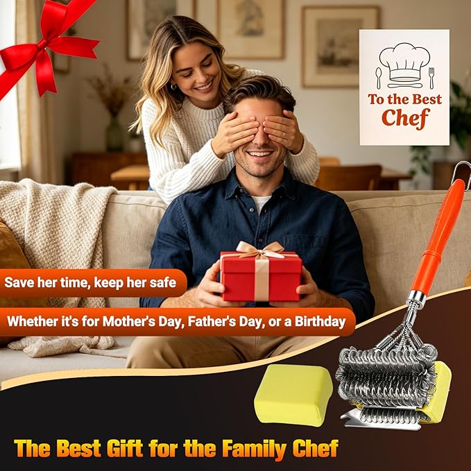 Professional 3-in-1 Grill Brush and Scraper with Safety Second Sweep Sponges - 18" Detachable Long Handle BBQ Cleaner for Heavy Duty Grime - Ideal Father's Day Grilling Gift for Men (Orange)