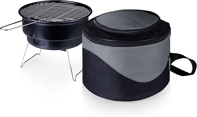 PICNIC TIME Caliente Portable Charcoal Grill & Cooler Tote, Take Anywhere BBQ Grill with Enameled Fire Bowl and Carrying Tote that Doubles as Cooler for Outdoor Cooking Use, (Black with Gray Accents)