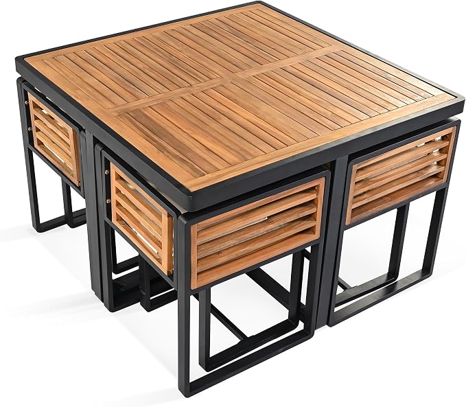 Merax 9-Piece Patio Dining Set for 8 People, Acacia Wood Outdoor Furniture Sets with 1 Square Table, 4 Cushioned Chairs and 4 Ottomans for Backyard, Garden, Lawn, Poolside, Space Saving Design, Beige