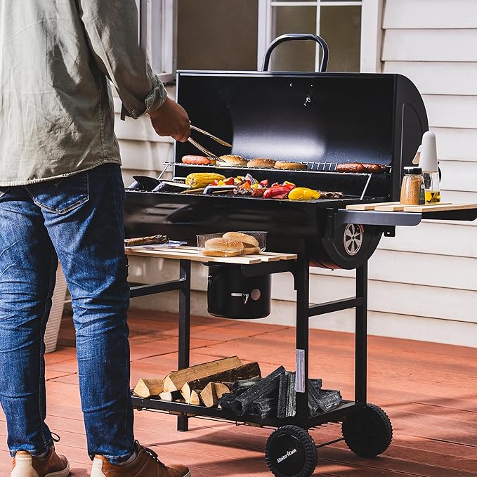 MASTER COOK Barrel Charcoal Grill with Foldable Front Wood Shelf, 686 Sq.in. Cooking Area Outdoor bbq Grill, Thermometer and Adjustable Air Vents for Backyard, Patio, Parties, Tailgating
