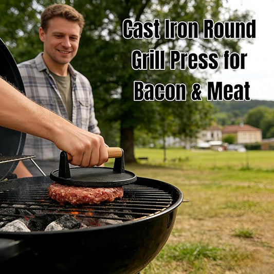 Cast Iron Smashed Burger Press,6.7" Round Grill Press with Wooden Handle,Heavy-Duty Flat Edge Burger Tool for Crispy Smash Burgers,BBQ & Griddle Accessories (Round)