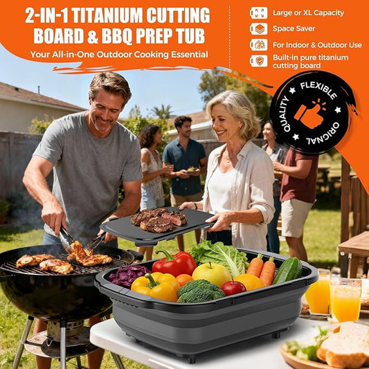 Collapsible BBQ Prep Tubs with Titanium Cutting Board, Large-Capacity(5.3Gal/20L)Barbecue Utensils, with Locking Lid, Strong Sealing and Leak-Proof Design. Suitable for Kitchen and Outdoor.