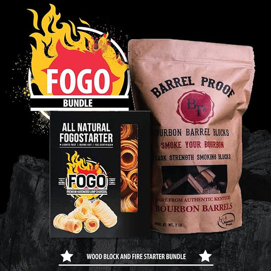 FOGO Fogostarters Natural Fire Starters, 30 Count Box and FOGO Barrel Proof Bourbon Barrel Blocks, Cask Strength Smoking Wood Chunks for Grilling, 2 Pound Resealable Bag, Bundle