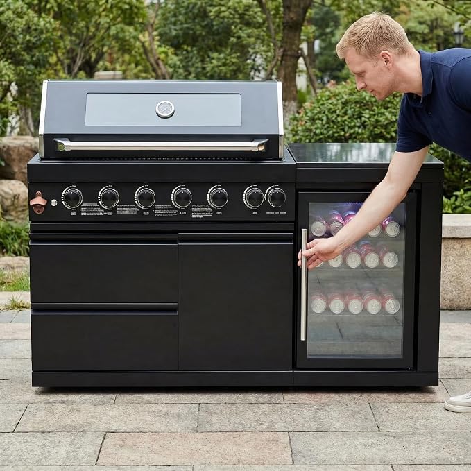 63 Inch Outdoor Kitchen Island, 6-Burner 85000 BTU Propane Stainless Steel BBQ with Side/Rear Burners, With Fridge, Storage, For Backyard BBQ