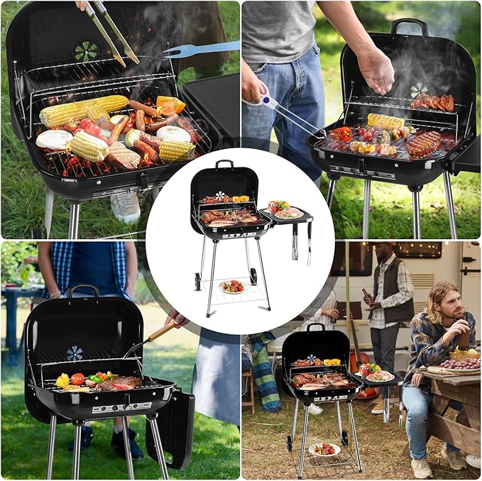 28" Portable Charcoal Grill with Wheels and Foldable Side Shelf, Large BBQ Smoker with Adjustable Vents on Lid for Outdoor Party Camping Picnic