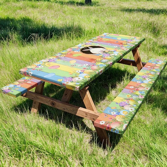 Easter Picnic Table Cover with Bench Covers, Cute Bunny Flower Colorful Wooden Board Camping Tablecloth, Waterproof Windproof, Fitted Tablecloth Cover with Elastic Edge, for Outdoor, 3 PCS, 30x96 Inch