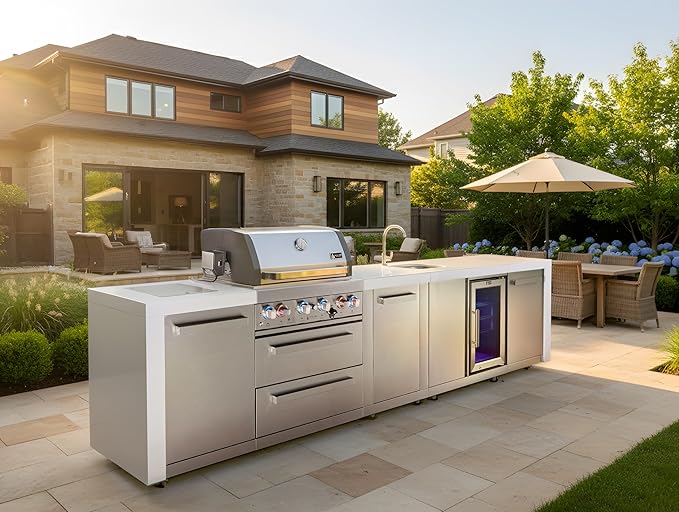 Mont Alpi Premium 145" Deluxe Stainless Steel Outdoor Kitchen Island with Refrigerator + Beverage Center Faucet & Sink + 32"W 4-Burner BBQ Grill + Granite Countertops + Storage + Rotisserie + Cover
