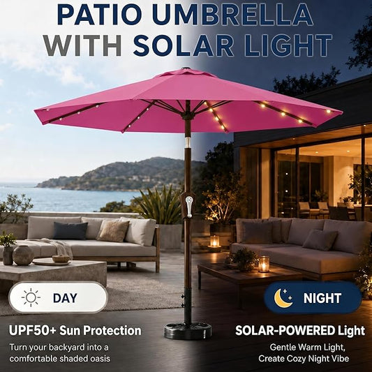 10FT Solar Patio Umbrella with Lights, Outdoor Table Market Umbrella with 32 LED Lights, 8 Sturdy Ribs, Push Button Tilt and Crank for Pool, Deck and Garden, UV-Resistant