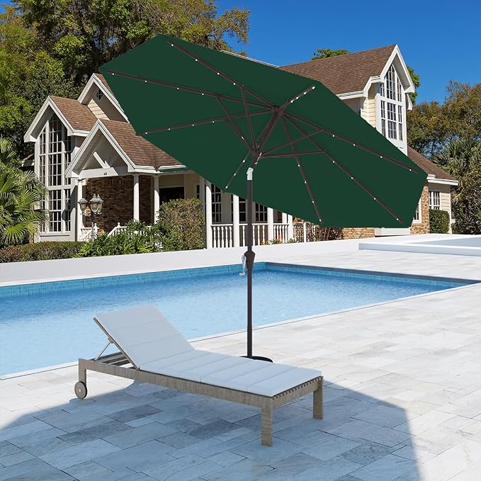 9FT Patio Umbrella with Solar Lights,Outdoor Market Umbrella with Tilt and Crank, LED Lighted Table Umbrella for Garden,Deck,Backyard,Pool,Beach (Dark Green)