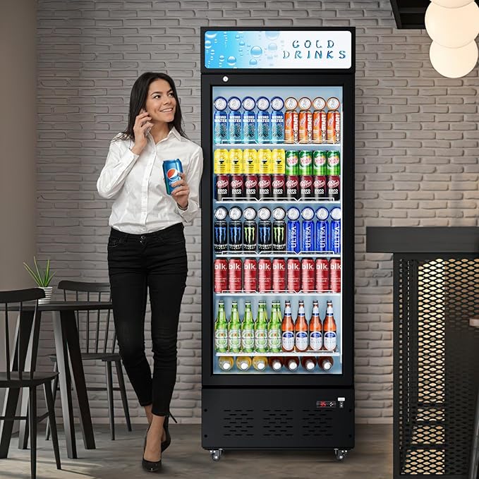 Commercial Beverage Refrigerator, 15 Cu.ft.Display Fridge Glass Door Upright Display Door with Adjustable Shelves LED Light for Restaurant,Grocery Stores,Office