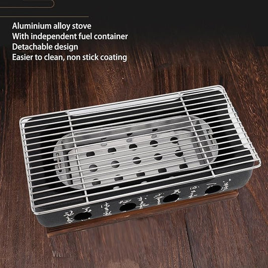 FLEXMAN Japanese Style Barbecue Grill, Portable Japanese Cuisine Charcoal Stove, Mini Rectangle Korean Bbq Grill with Wood Base Wire Plate for Family Gatherings Camping Picnics (XL)