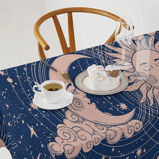 Moon Sun Tablecloth Vintage Boho Celestial Star Magical Galaxy Space Table Cloth Water Resistant Wipeable Table Cover for Farmhouse Picnic Party Holiday Kitchen Dinner Table 55"x55"